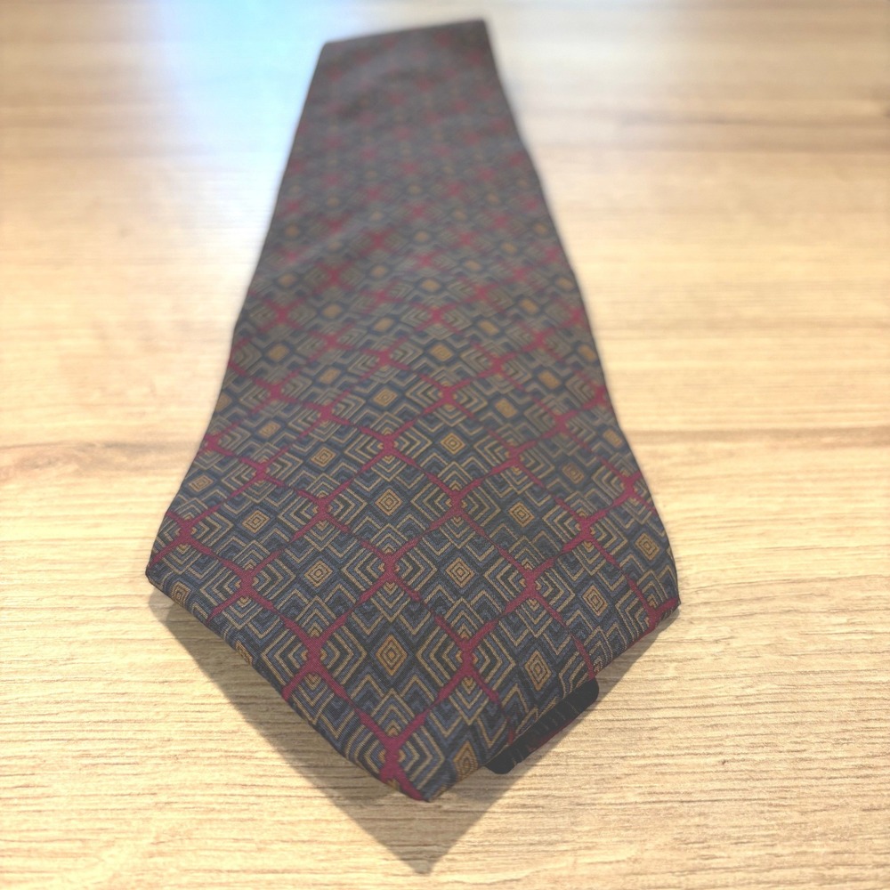 Mallory & Church London Silk Tie Men Geometric Diamond Burgundy Navy Gold